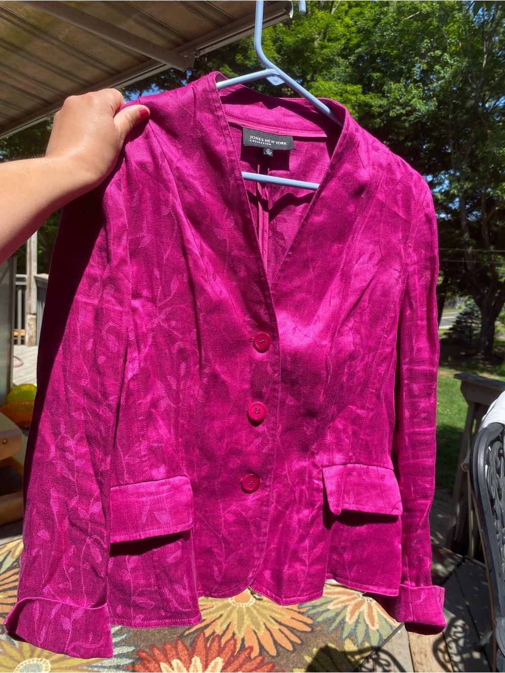 Jones New York Vibrant Fuchsia Three-Button Linen Blazer - Picture 2 of 11